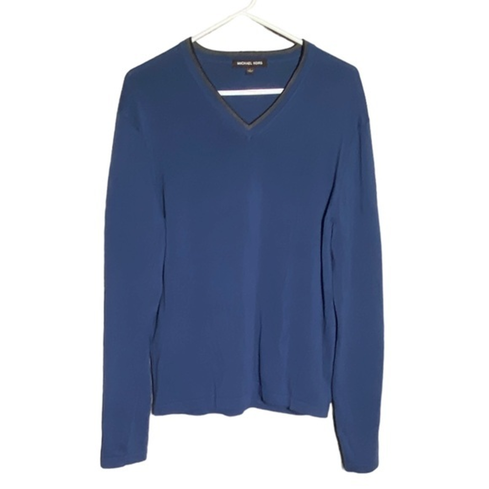 Michael Kors Mens V-neck‎ Sweater Blue Gray Ribbed Size Large Long Sleeve Cotton
